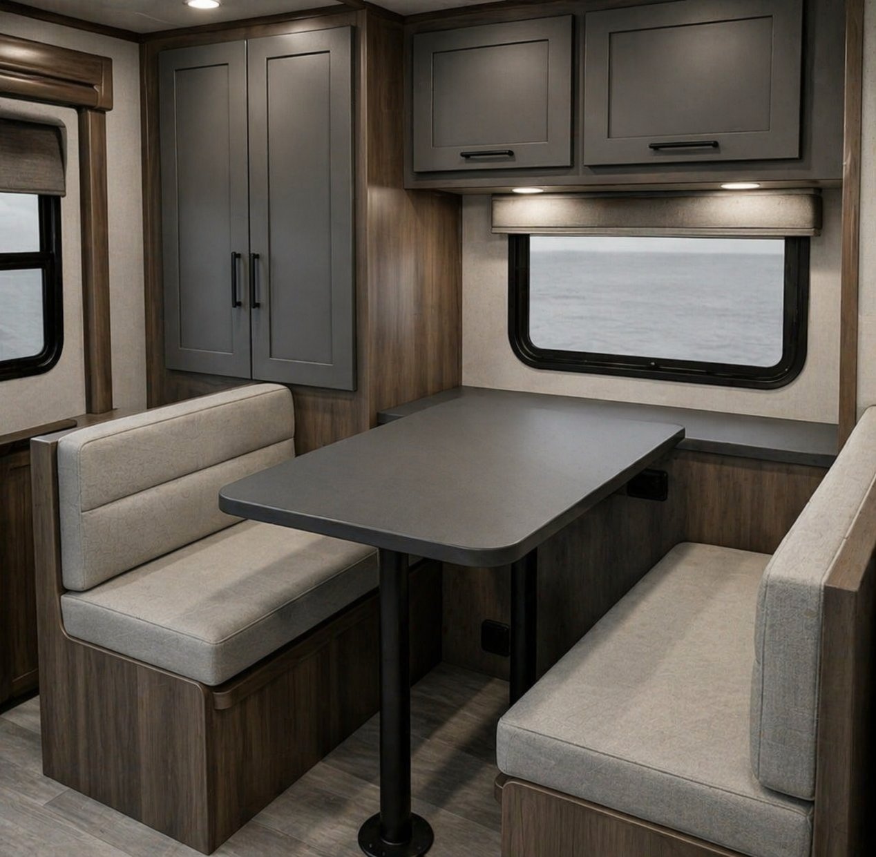 Finished RV interior with powder-coated cabinets